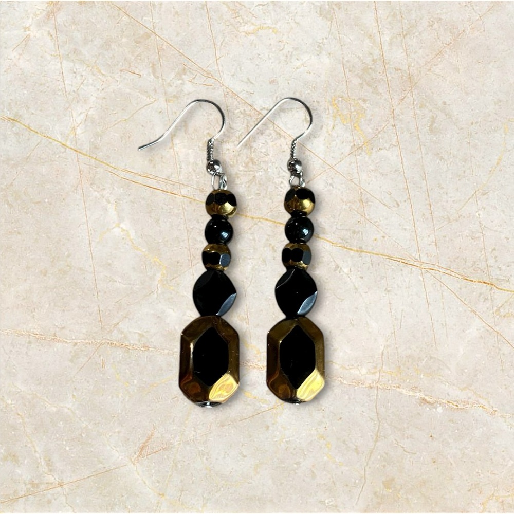 Handmade Black & Gold Beaded Dangle Drop Earrings Pair